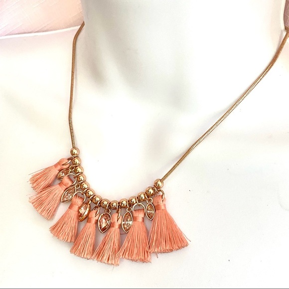 CHAPS Peach Cotton Tassels Necklace Goldtone Chain with Rhinestones - Picture 6 of 10